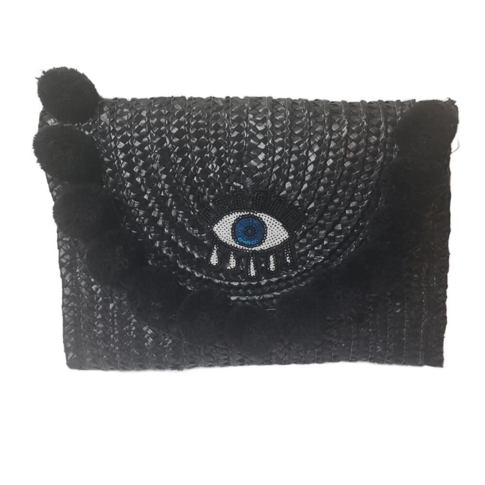 Shiraleah Black Fortune Woven Sequin Pom pom Evil Eye Envelope Clutch